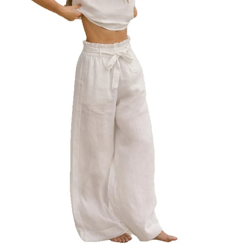 Ruffle Waist Linen Wide Leg Pants