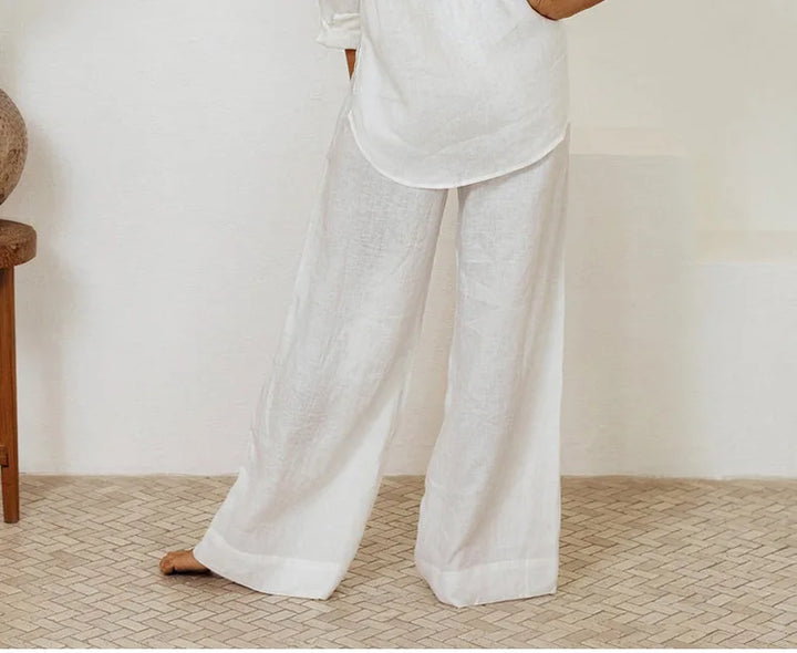 Ruffle Waist Linen Wide Leg Pants