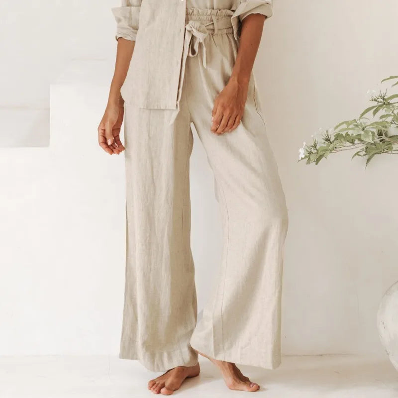 Ruffle Waist Linen Wide Leg Pants