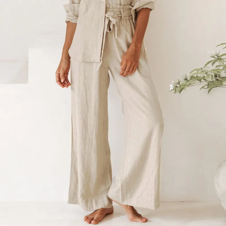 Ruffle Waist Linen Wide Leg Pants