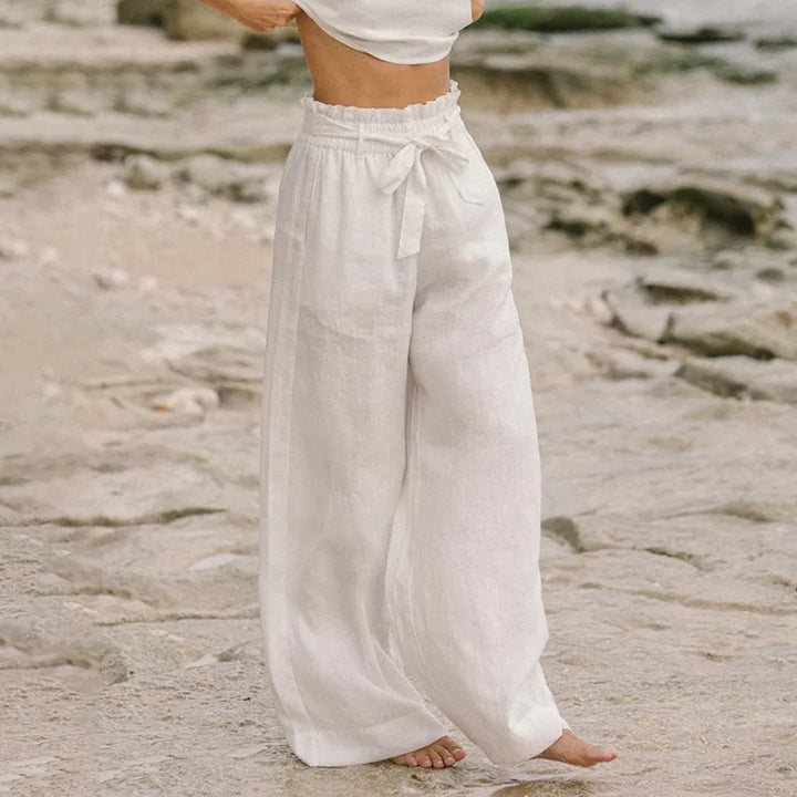 Ruffle Waist Linen Wide Leg Pants