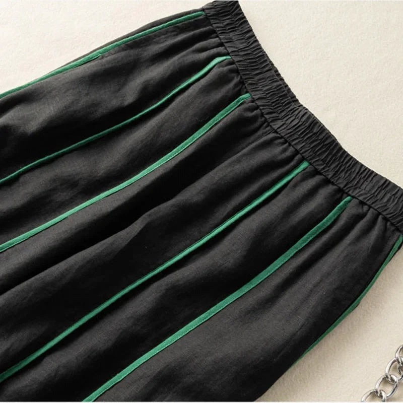 Green Stripe Linen Wide Leg Pants