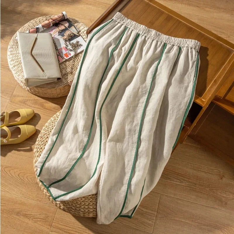 Green Stripe Linen Wide Leg Pants