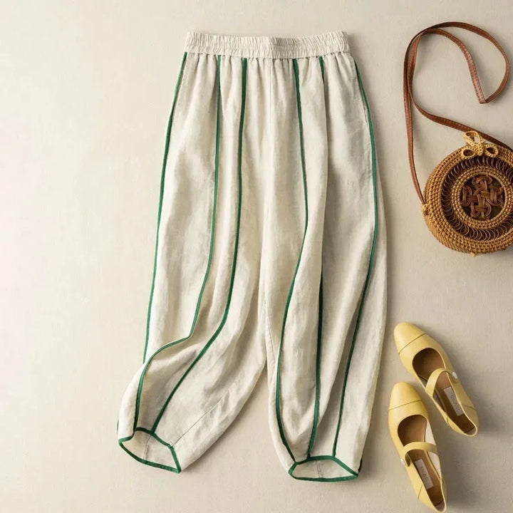 Green Stripe Linen Wide Leg Pants