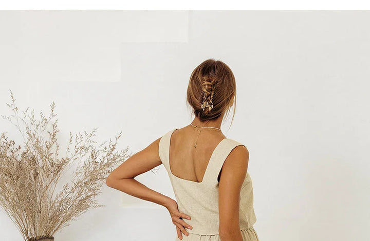 Ruffle Waist Linen Wide Leg Pants