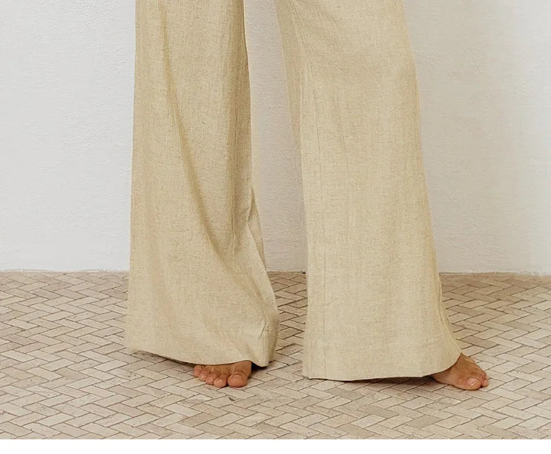 Ruffle Waist Linen Wide Leg Pants