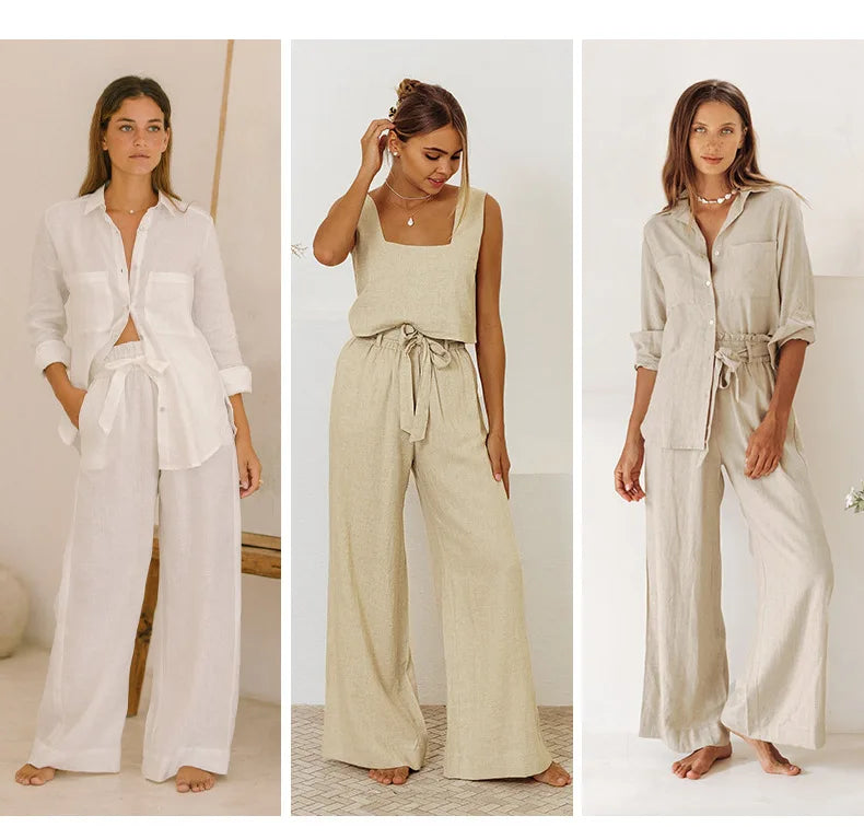 Ruffle Waist Linen Wide Leg Pants