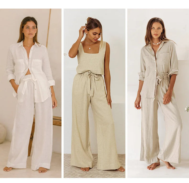 Ruffle Waist Linen Wide Leg Pants