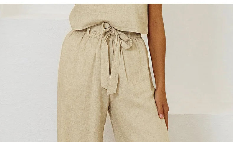 Ruffle Waist Linen Wide Leg Pants