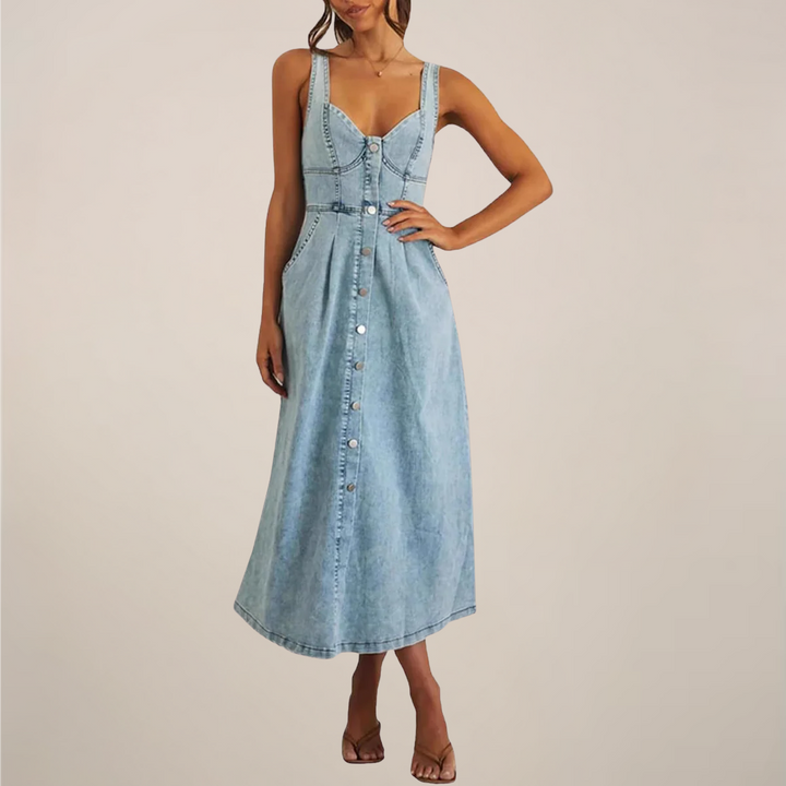 Alina Button Front Denim Midi Dress