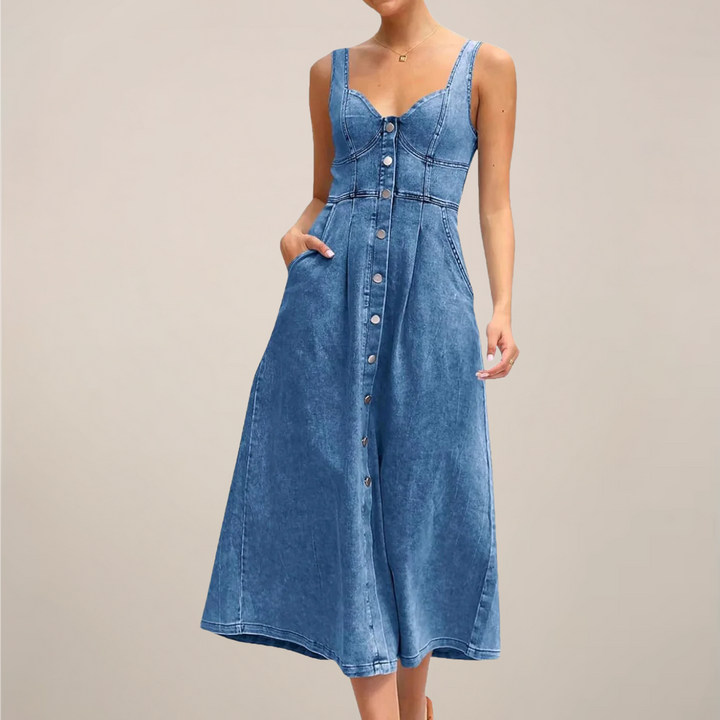 Alina Button Front Denim Midi Dress
