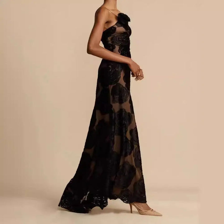 Valentina One Shoulder Rose Mesh Maxi Dress