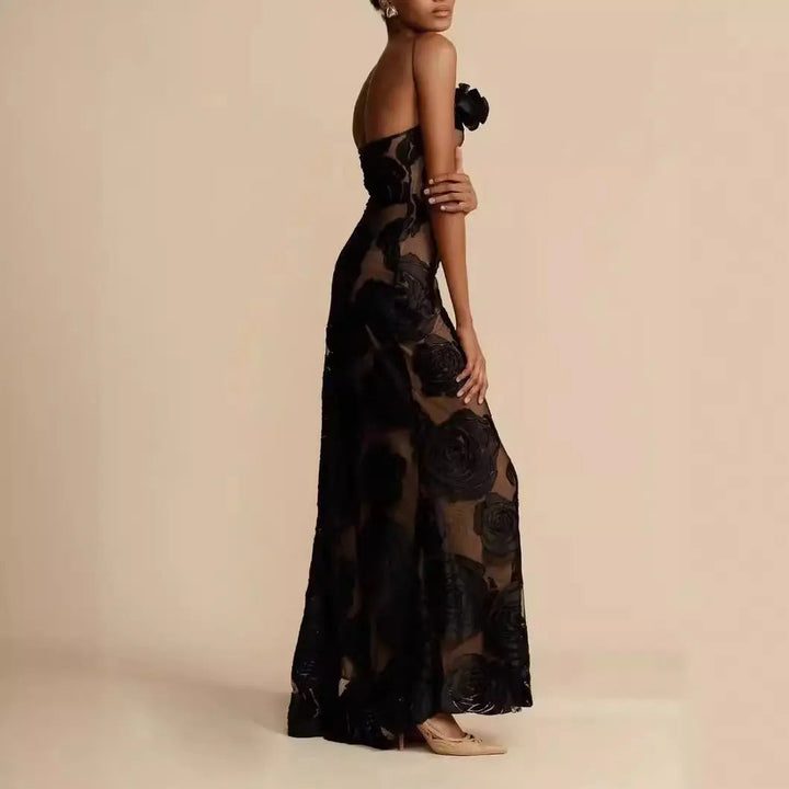 Valentina One Shoulder Rose Mesh Maxi Dress