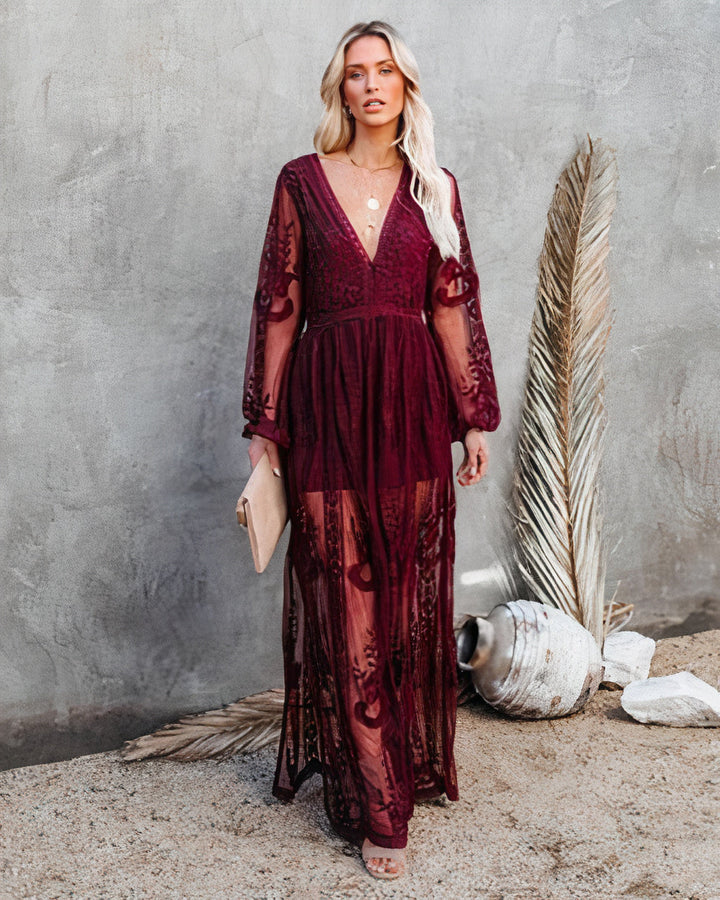 Noelle Sheer Floral Lace Maxi Dress