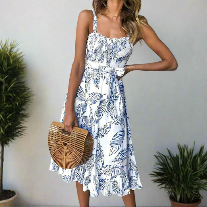 Thalia Leaf Print Ruffle Midi Dress