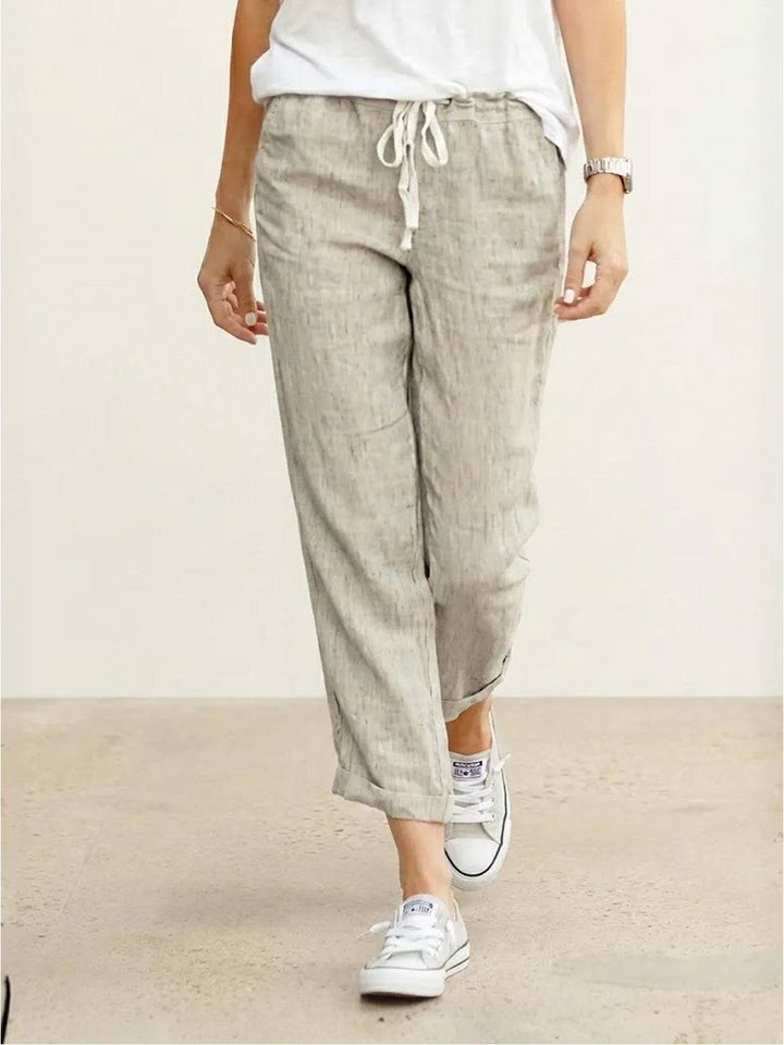 Hannah Drawstring Straight-Leg Pants with Roll-Up Hem