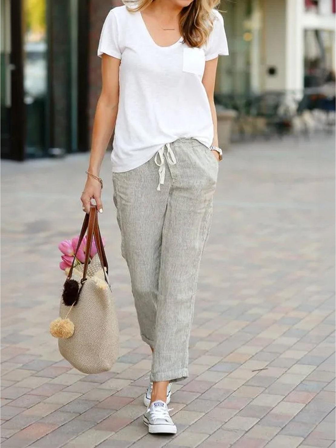 Hannah Drawstring Straight-Leg Pants with Roll-Up Hem