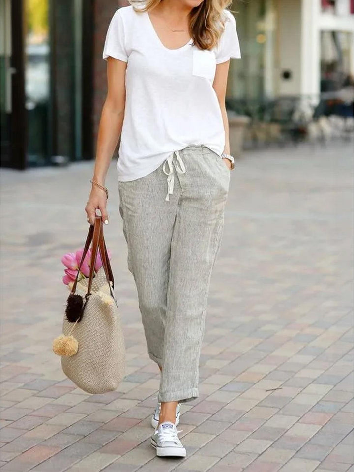 Hannah Drawstring Straight-Leg Pants with Roll-Up Hem
