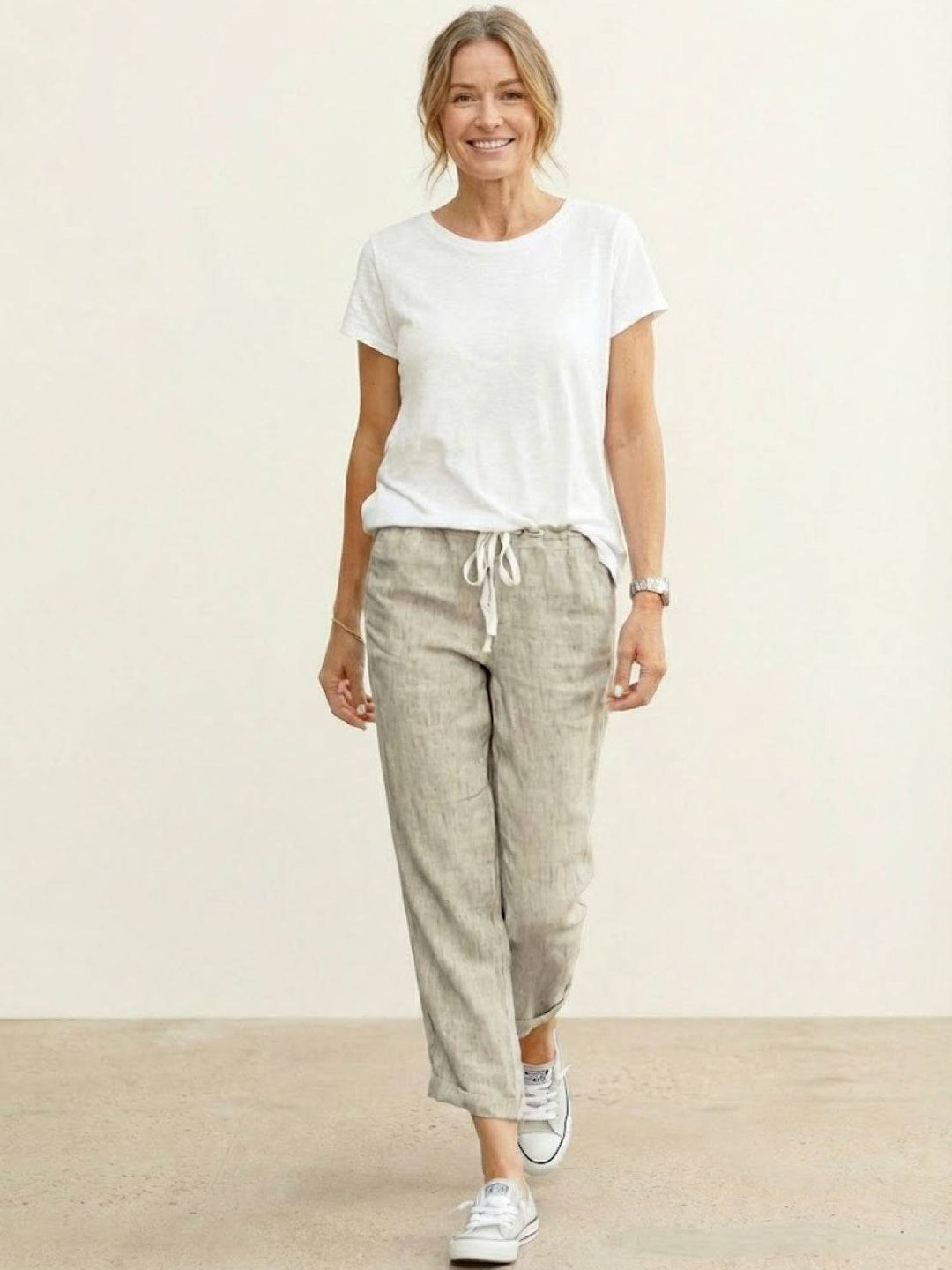 Hannah Drawstring Straight-Leg Pants with Roll-Up Hem