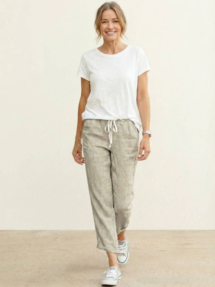 Hannah Drawstring Straight-Leg Pants with Roll-Up Hem