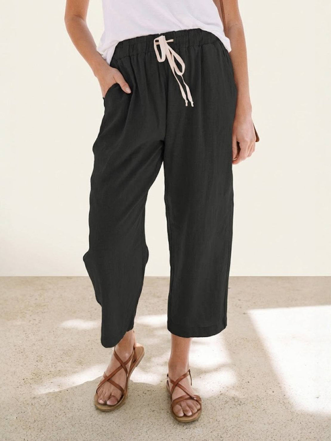 Hannah Drawstring Straight-Leg Pants with Roll-Up Hem