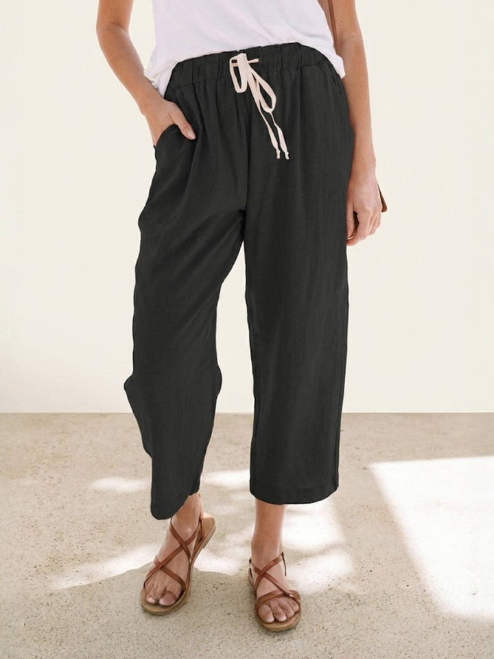Hannah Drawstring Straight-Leg Pants with Roll-Up Hem