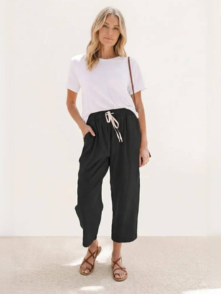 Hannah Drawstring Straight-Leg Pants with Roll-Up Hem