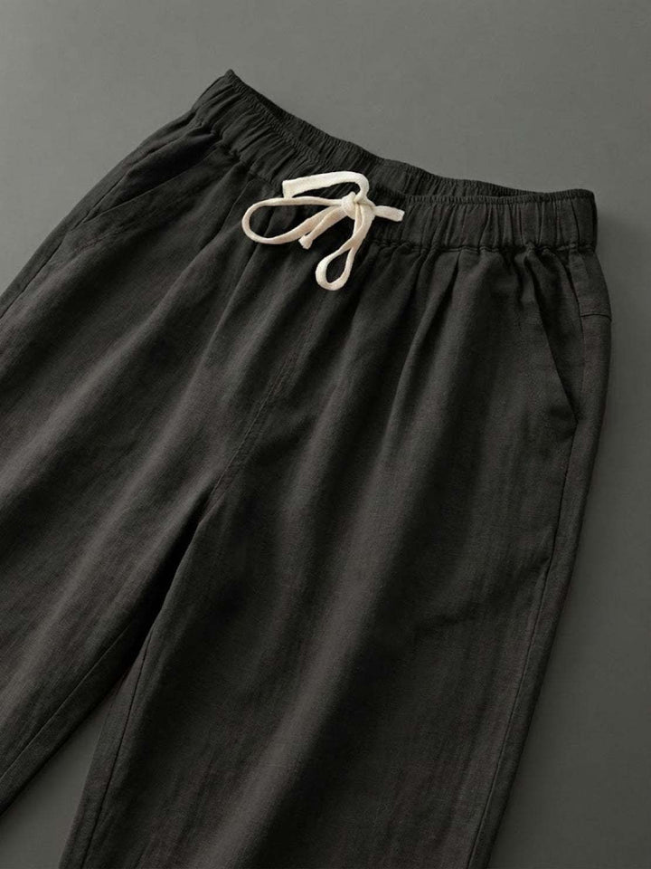 Hannah Drawstring Straight-Leg Pants with Roll-Up Hem