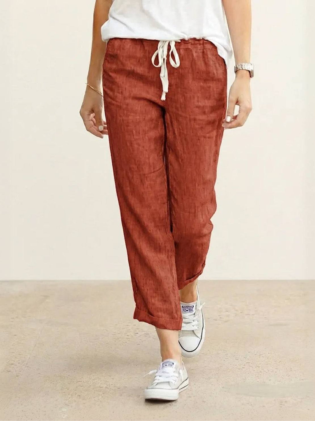 Hannah Drawstring Straight-Leg Pants with Roll-Up Hem