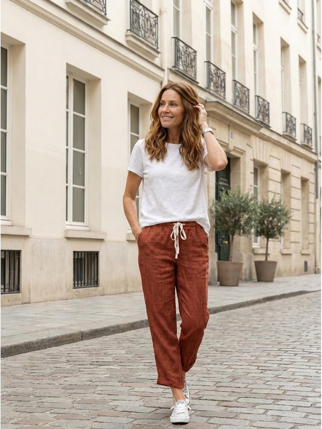 Hannah Drawstring Straight-Leg Pants with Roll-Up Hem