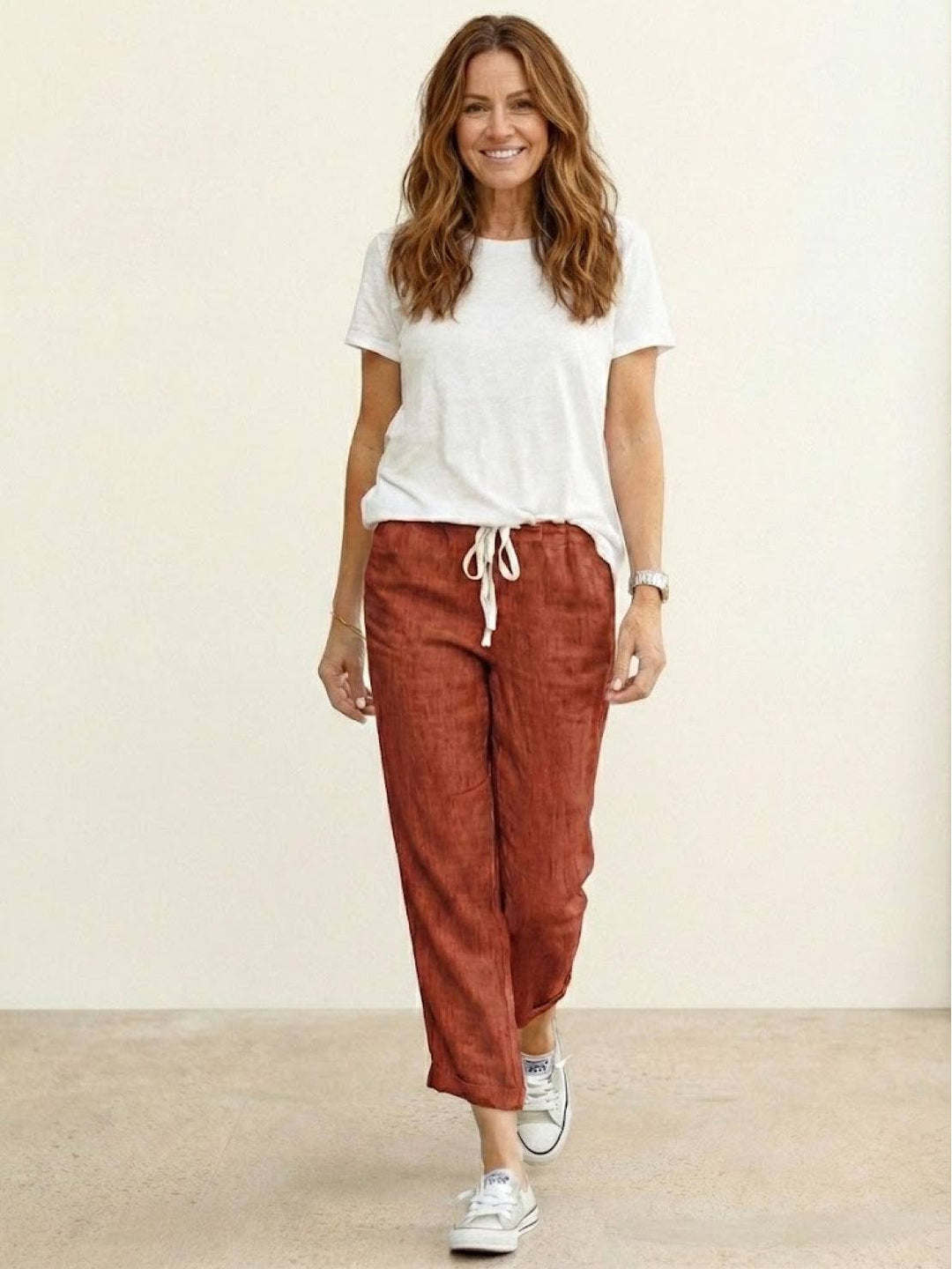 Hannah Drawstring Straight-Leg Pants with Roll-Up Hem