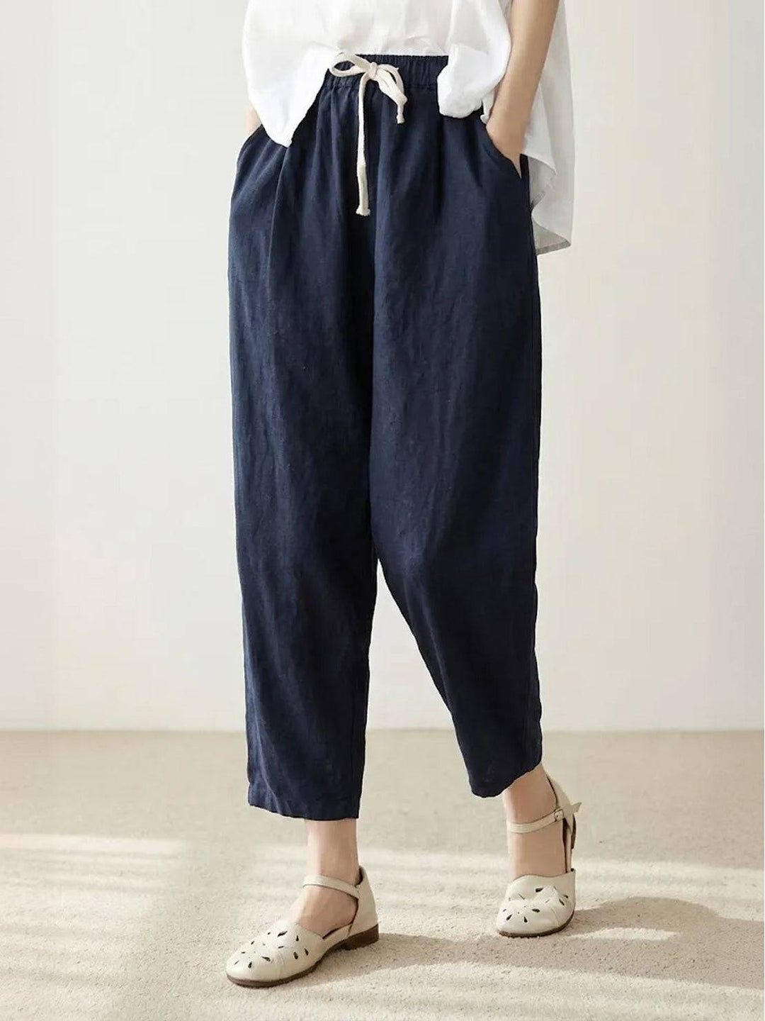 Hannah Drawstring Straight-Leg Pants with Roll-Up Hem