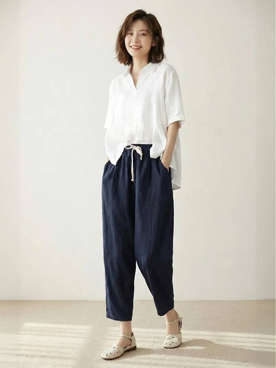 Hannah Drawstring Straight-Leg Pants with Roll-Up Hem