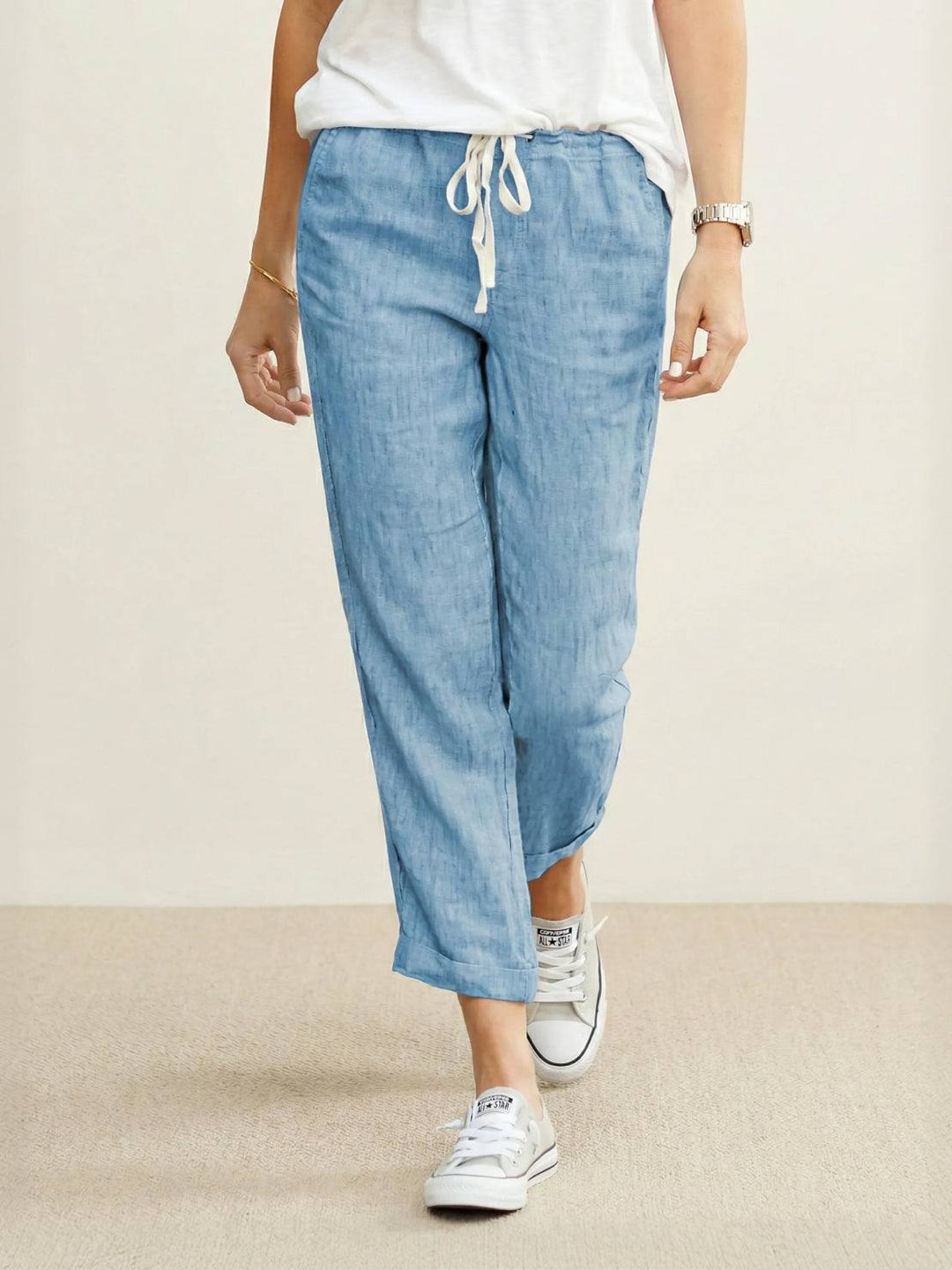Hannah Drawstring Straight-Leg Pants with Roll-Up Hem