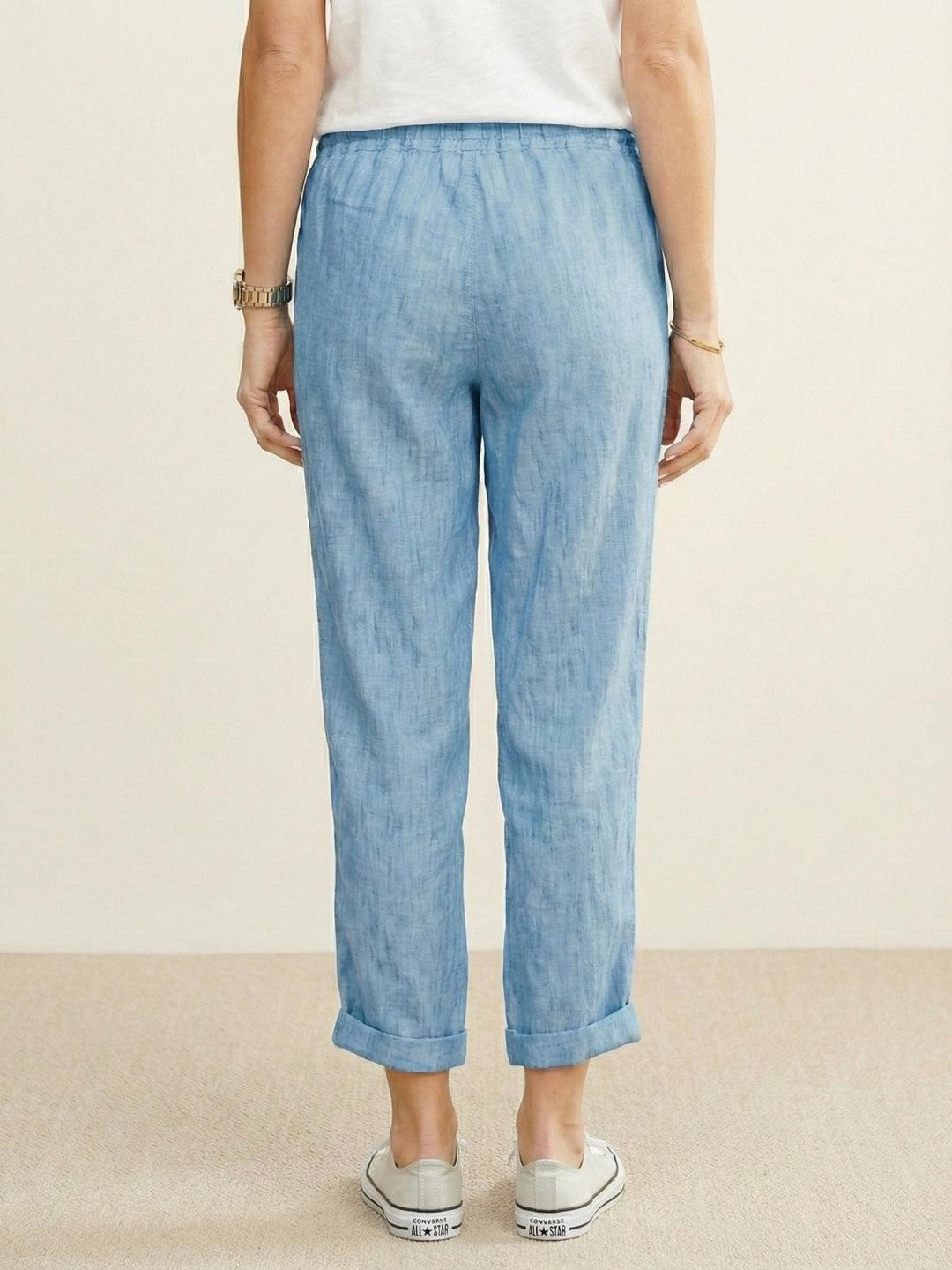 Hannah Drawstring Straight-Leg Pants with Roll-Up Hem