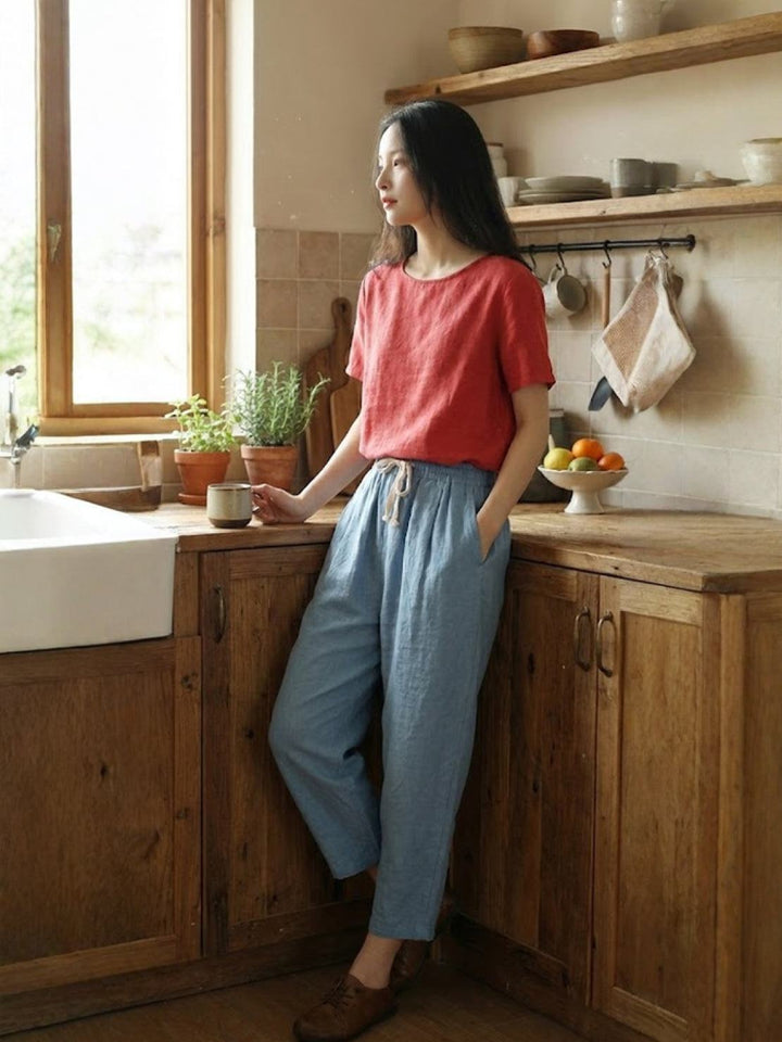Hannah Drawstring Straight-Leg Pants with Roll-Up Hem