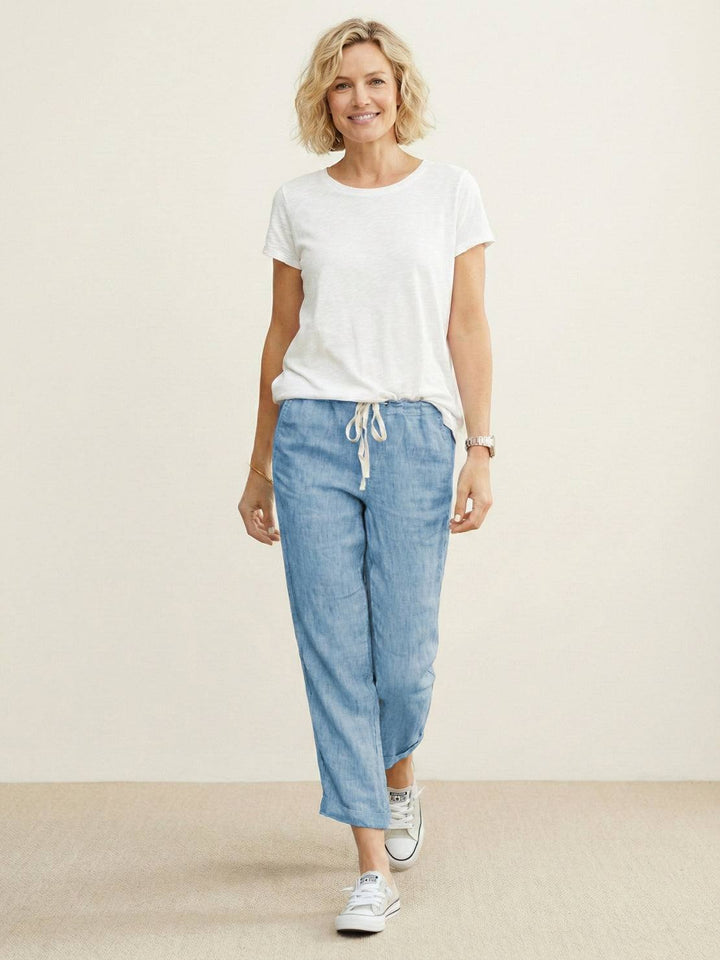 Hannah Drawstring Straight-Leg Pants with Roll-Up Hem
