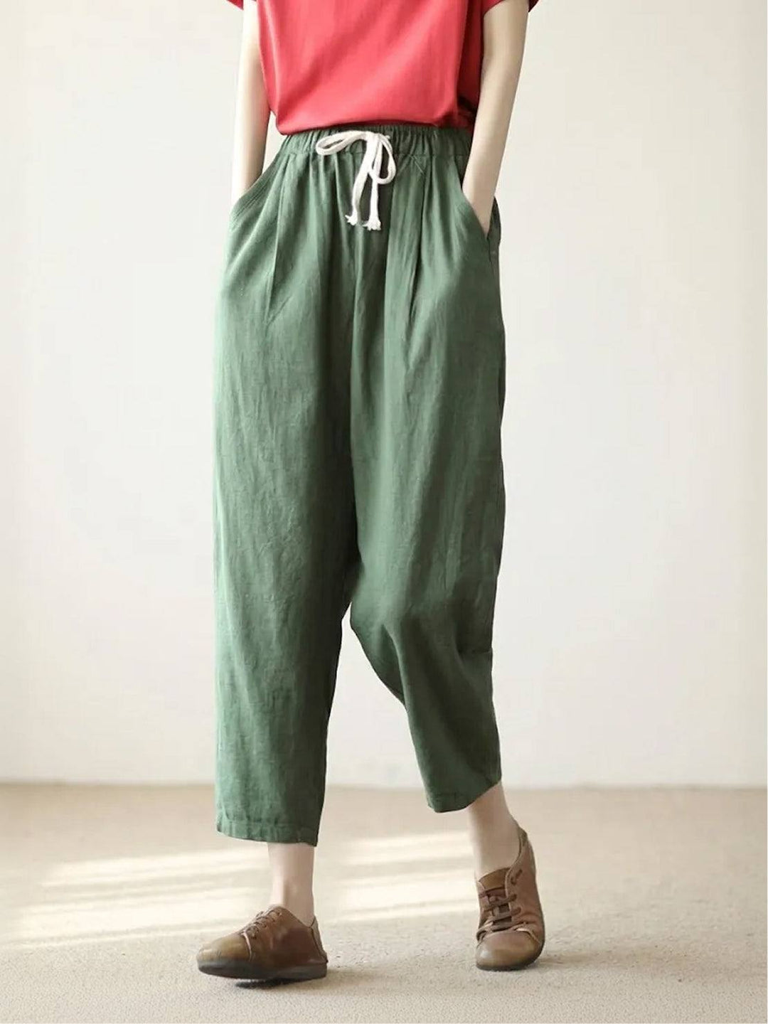 Hannah Drawstring Straight-Leg Pants with Roll-Up Hem