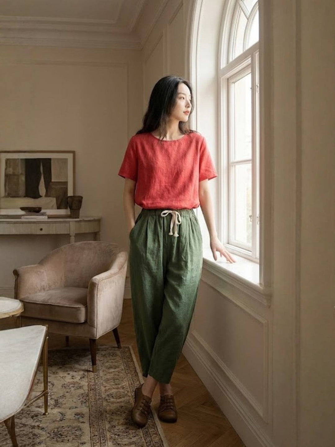 Hannah Drawstring Straight-Leg Pants with Roll-Up Hem