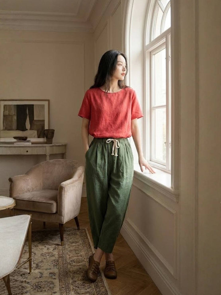 Hannah Drawstring Straight-Leg Pants with Roll-Up Hem