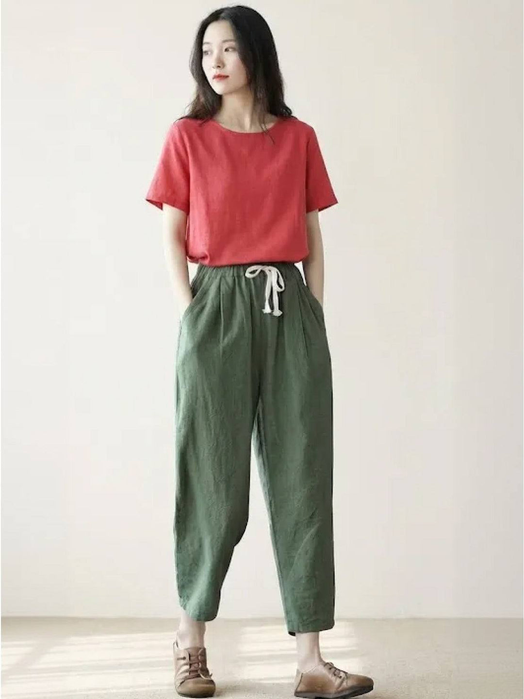 Hannah Drawstring Straight-Leg Pants with Roll-Up Hem