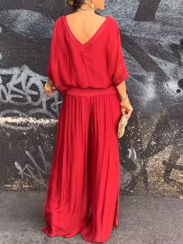 Sorella V-Neck Batwing Wide-Leg Jumpsuit Set