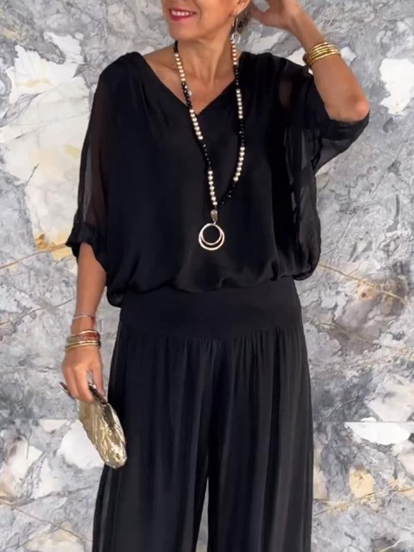 Sorella V-Neck Batwing Wide-Leg Jumpsuit Set