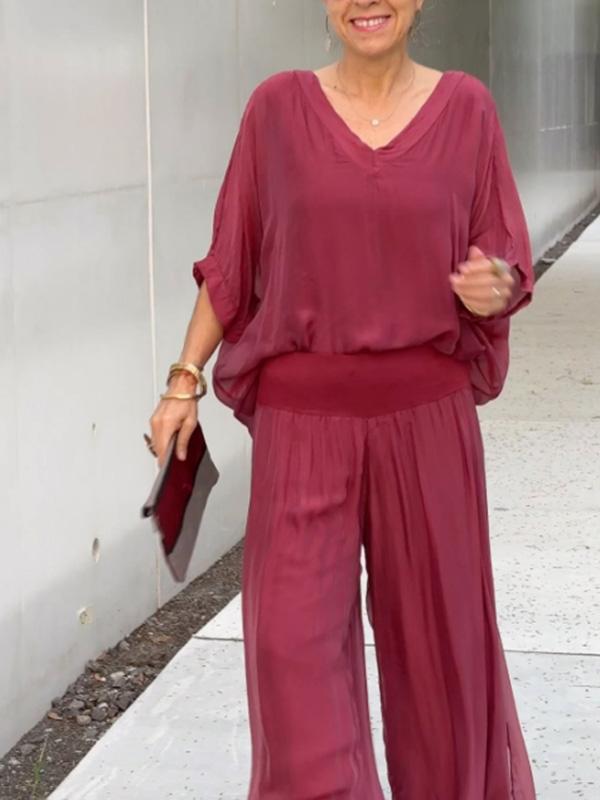 Sorella V-Neck Batwing Wide-Leg Jumpsuit Set