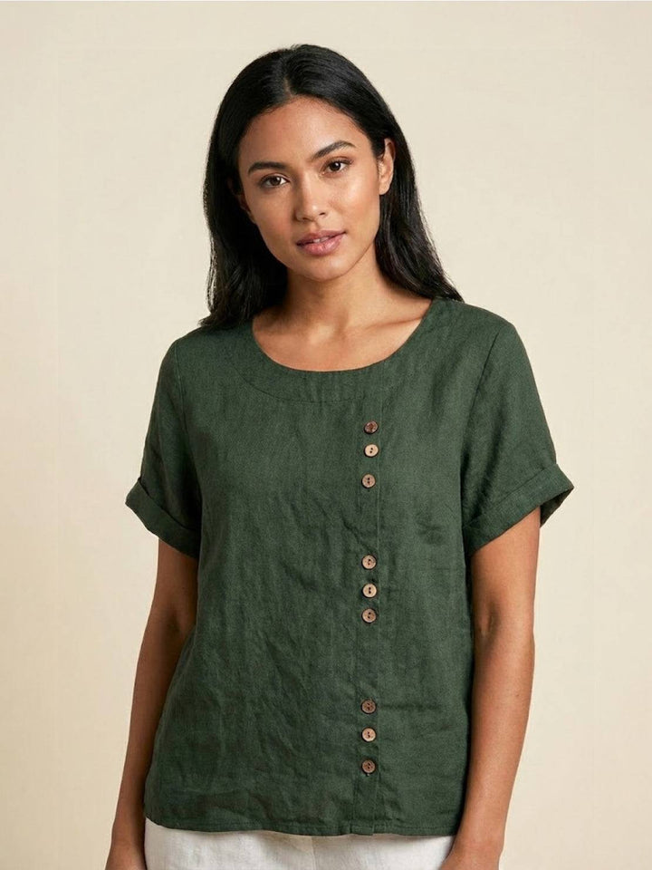 Foreen Scoop-Neck Top with Off-Center Button Detail