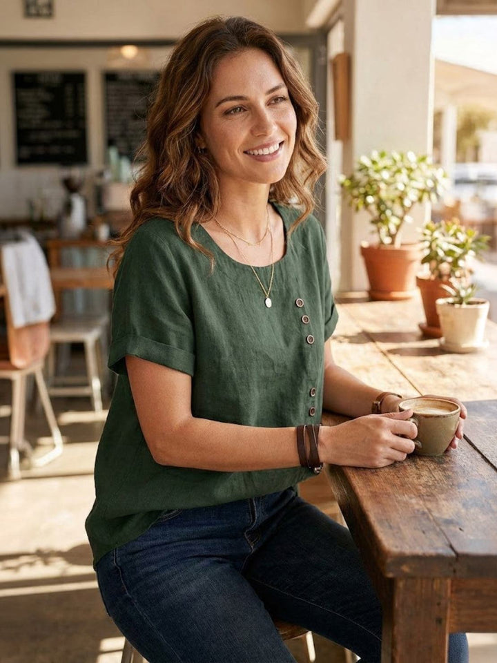 Foreen Scoop-Neck Top with Off-Center Button Detail