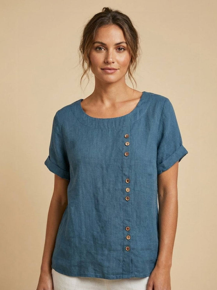 Foreen Scoop-Neck Top with Off-Center Button Detail