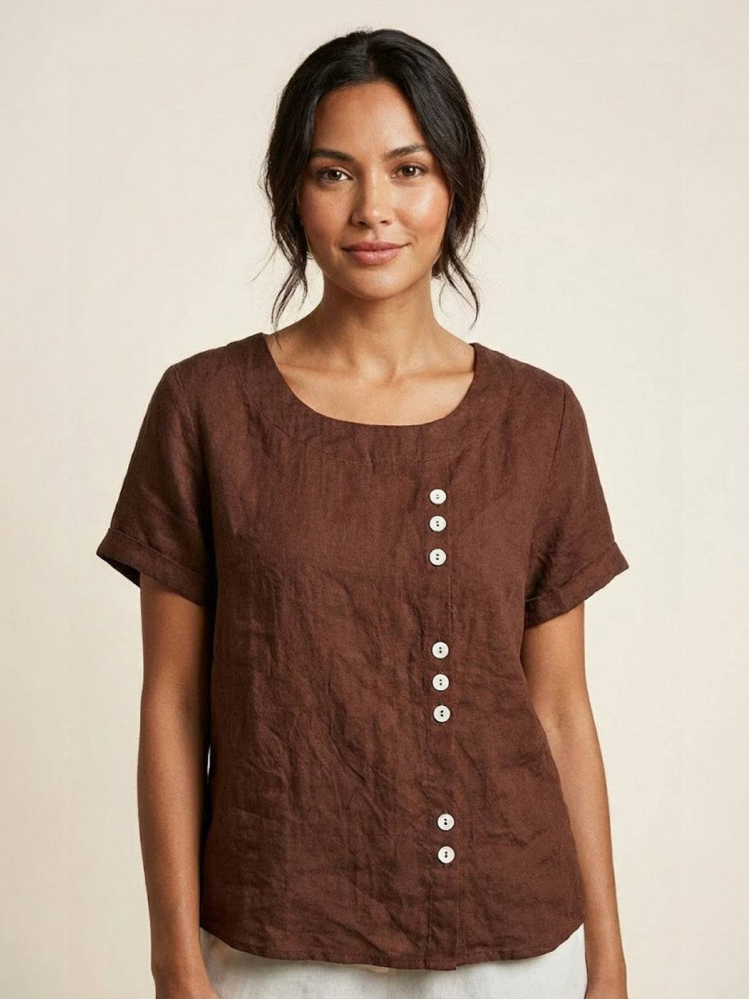 Foreen Scoop-Neck Top with Off-Center Button Detail