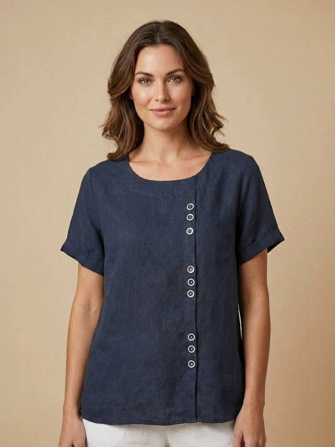 Foreen Scoop-Neck Top with Off-Center Button Detail