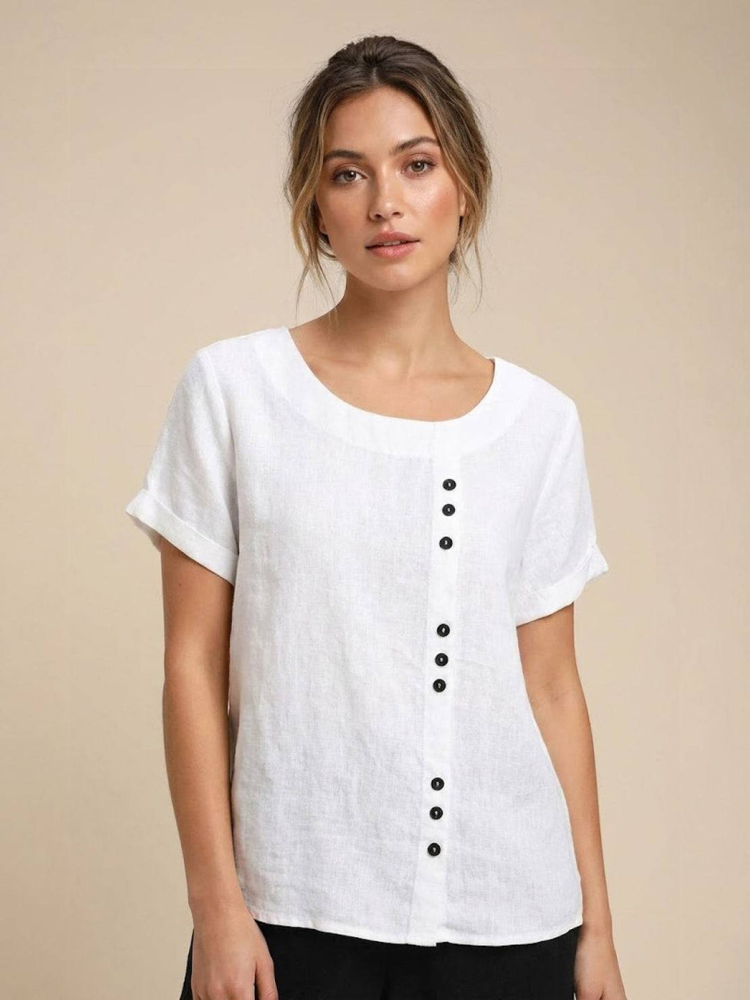 Foreen Scoop-Neck Top with Off-Center Button Detail